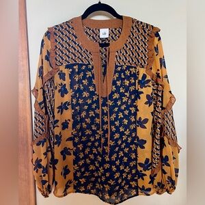 CAbi Harmony: Gold and Navy Mixed-Print Ruffle Blouse NWOT Sz S